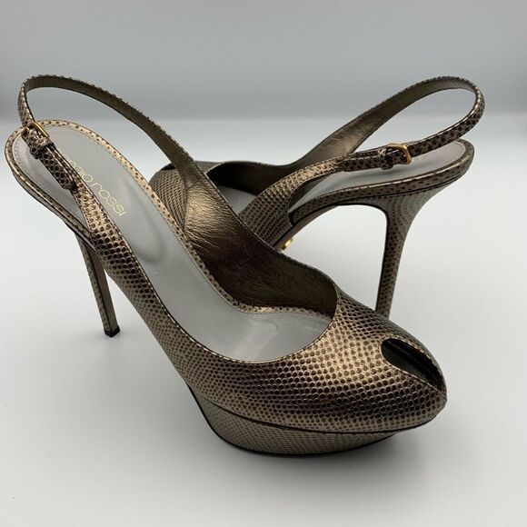Sergio Rossi Lizard Embossed Peep Toe Sling Back Platform Heels Bronze Size 10 - Picture 5 of 12